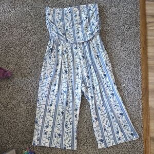 Elegant Blue and White Strapless Jumpsuit